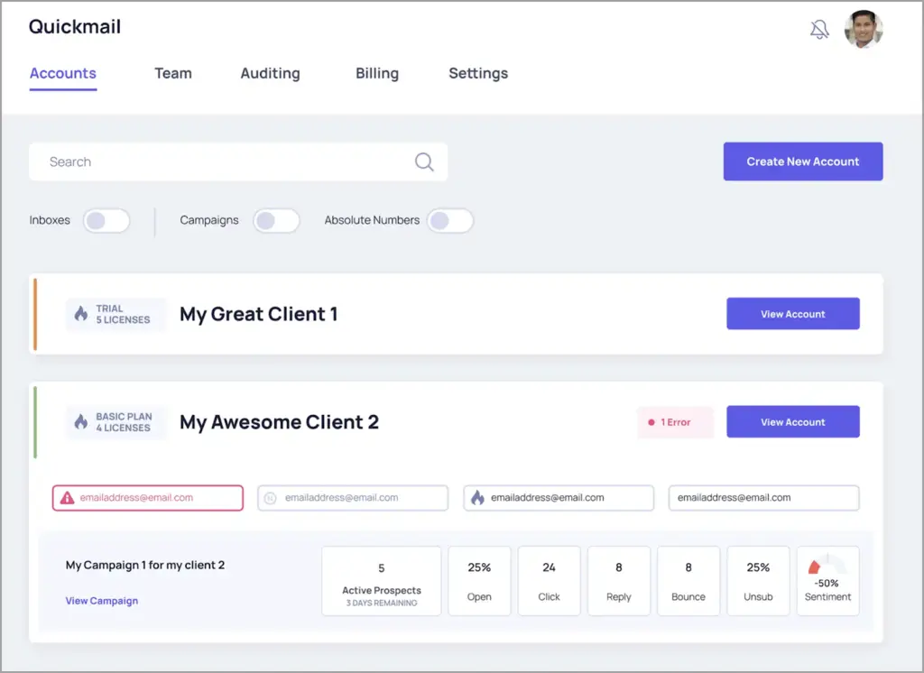 QuickMail track metrics dashboard