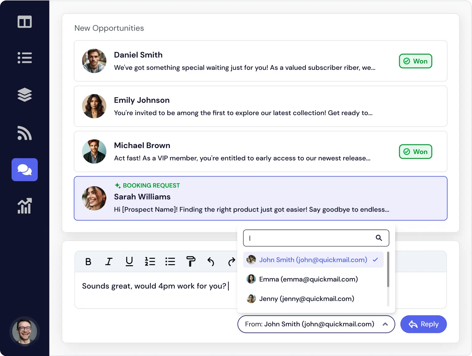 Quickmail dashboard for New Opportunities.