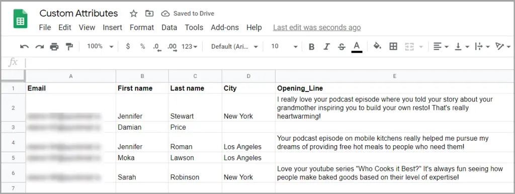 A Google spreadsheet screenshot showing Opening line samples for email