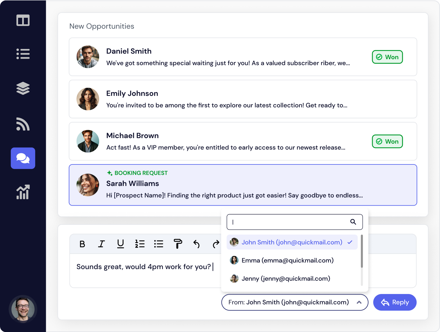 reply handling with opportunities in quickmail