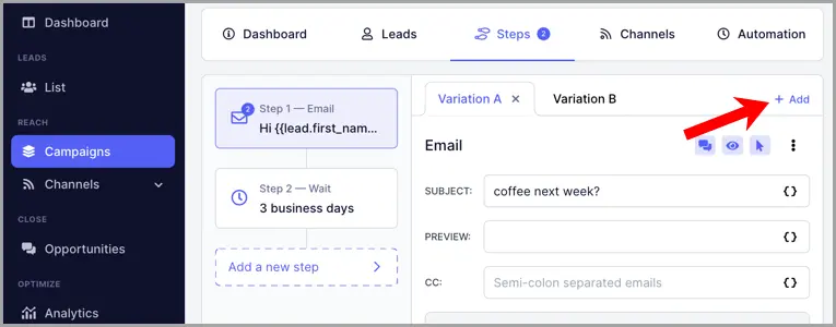 adding a variation to a/b test a cold email in quickmail