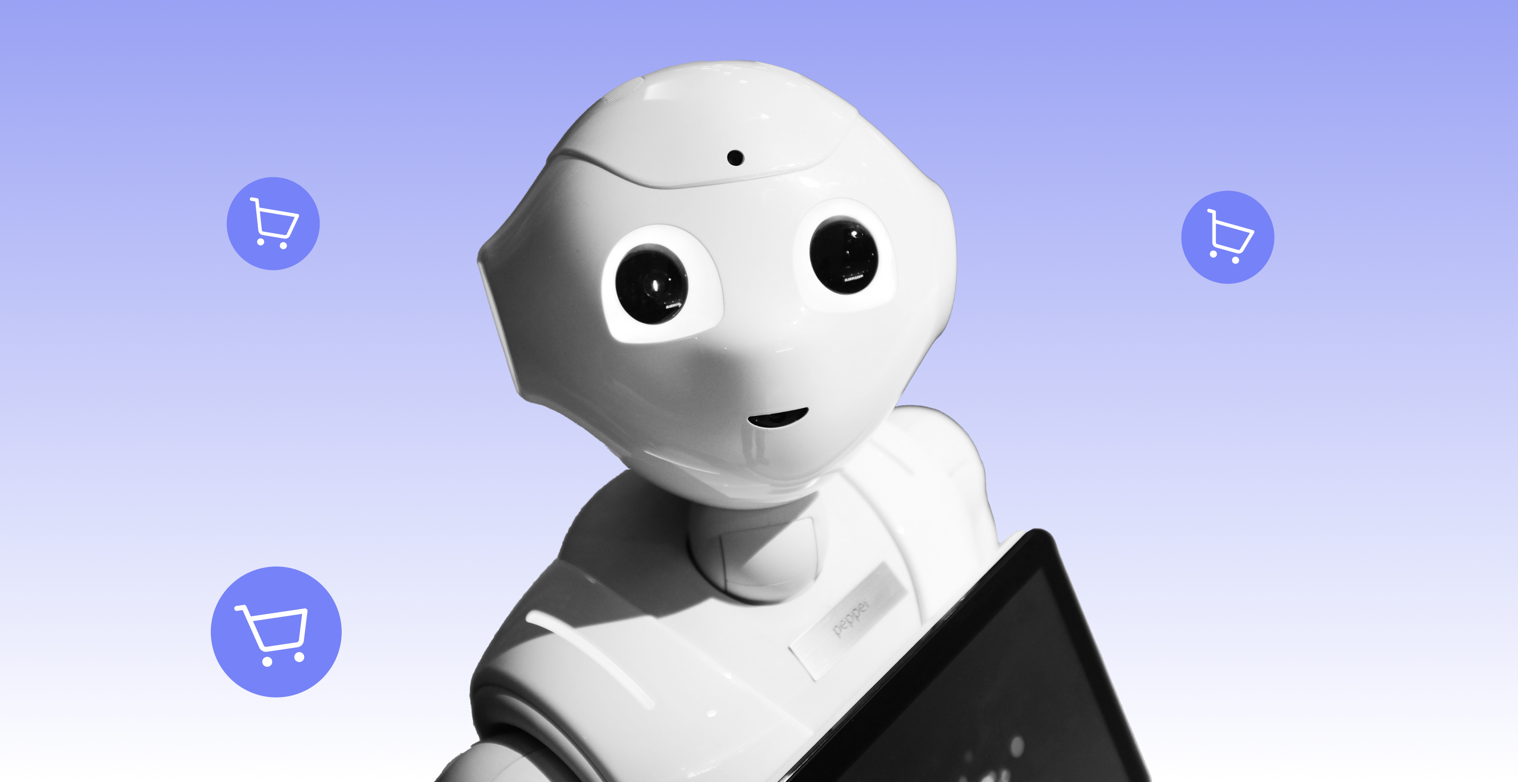 White robot in blue background.