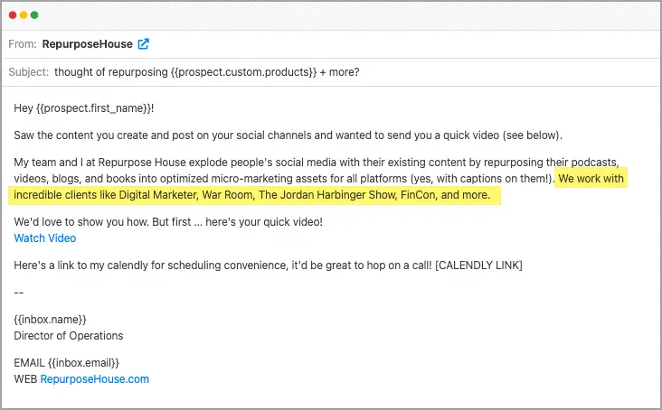 cold email example from RepurposeHouse image