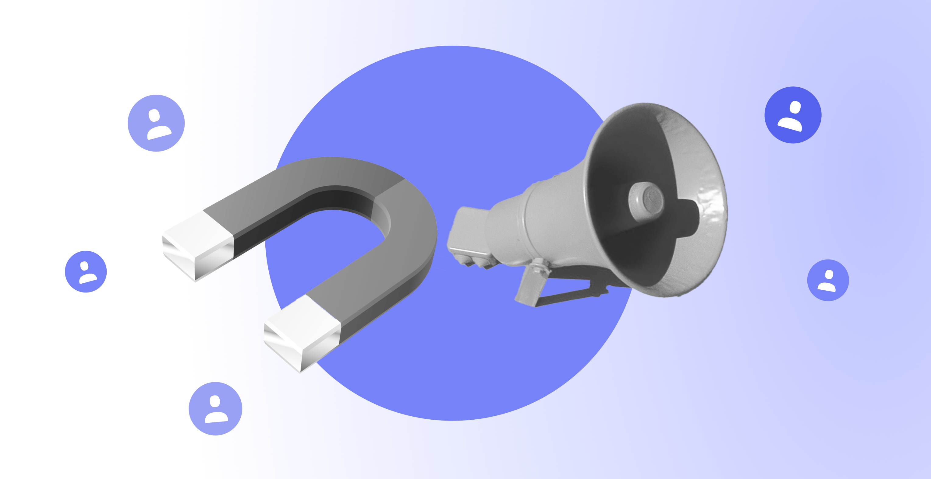 Magnet and megaphone with social media head symbols.