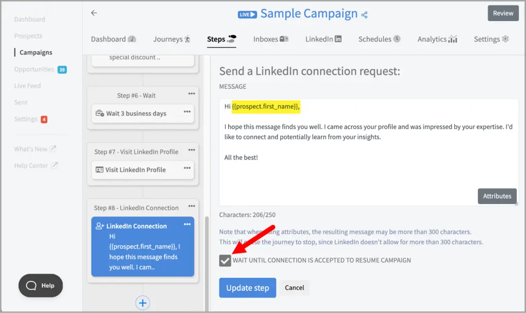 Automate LinkedIn Connection Messages sample campaign